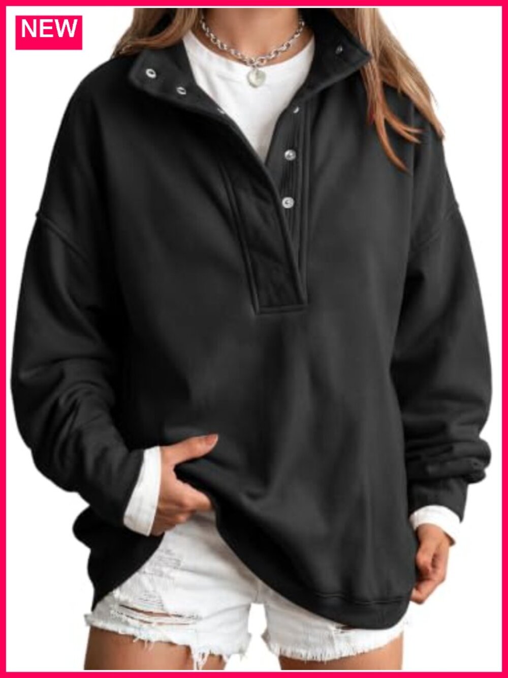 Oversized Cotton Polyester Henley Snap Sweatshirt Womens